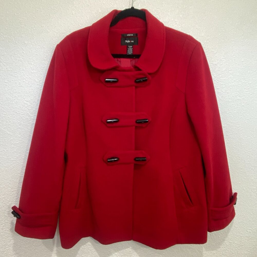 Style & Co Red Wool Blend Toggle Coat Faux Fur Hood XL - Picture 3 of 16